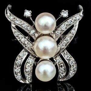 Vintage Diamonds Pearls 14k White Gold Butterfly Cocktail Ring Retro Mid Century